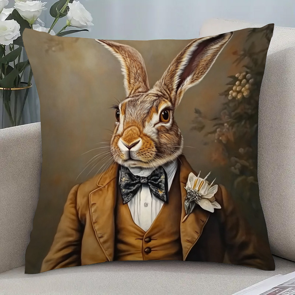 TEMU 1pc Vintage Rabbit Suit Pillow Cover, Machine Washable, Made Of Soft And Smooth Polyester Short Plush Fabric, Single-sided Printed Design,