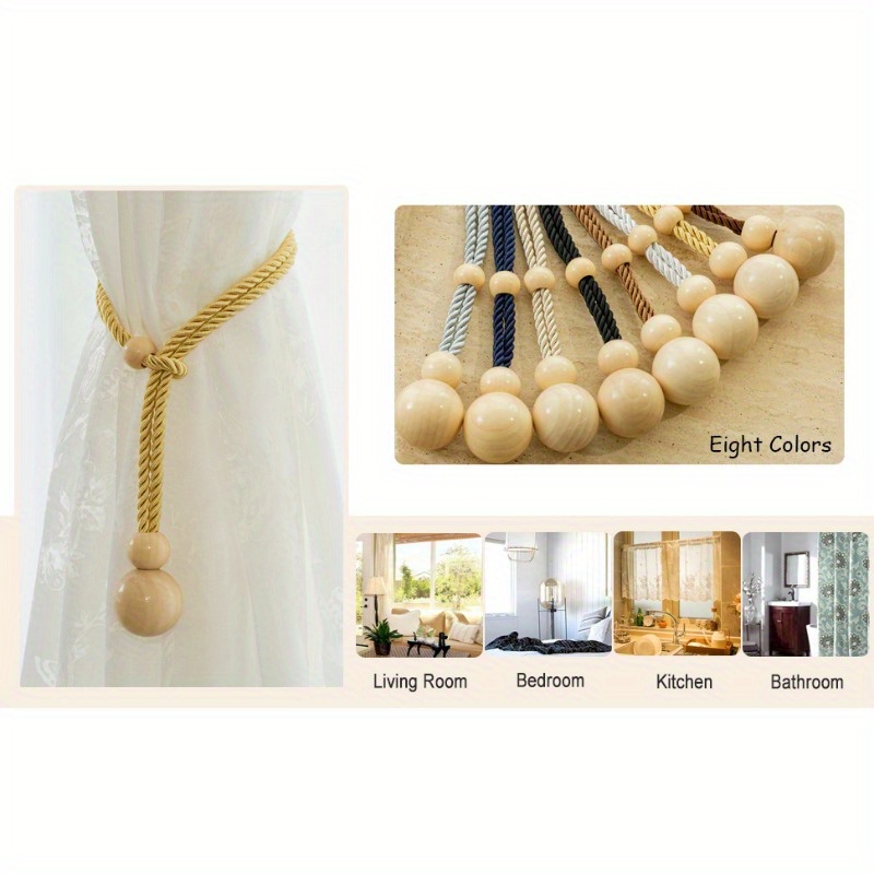 (Pack of 2)Elegant Beige Wooden Balls Curtain Tiebacks Rope Drape Tie Back Holder 4pcs, Natural Curtain Ties Window Treatment Holdbacks