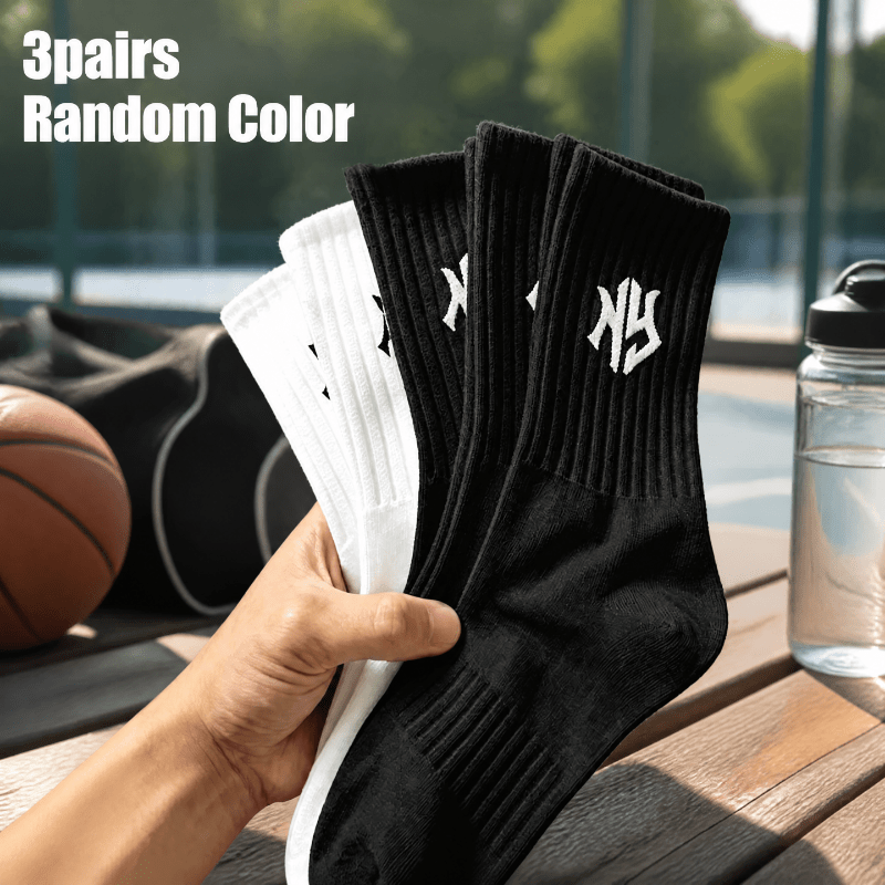 TEMU 3 Pairs Of Unisex Mid-calf Socks With Letter Prints, Random Colors Including Black And White Solid Colors, Ribbed Sports Socks, Thickened, Warm,