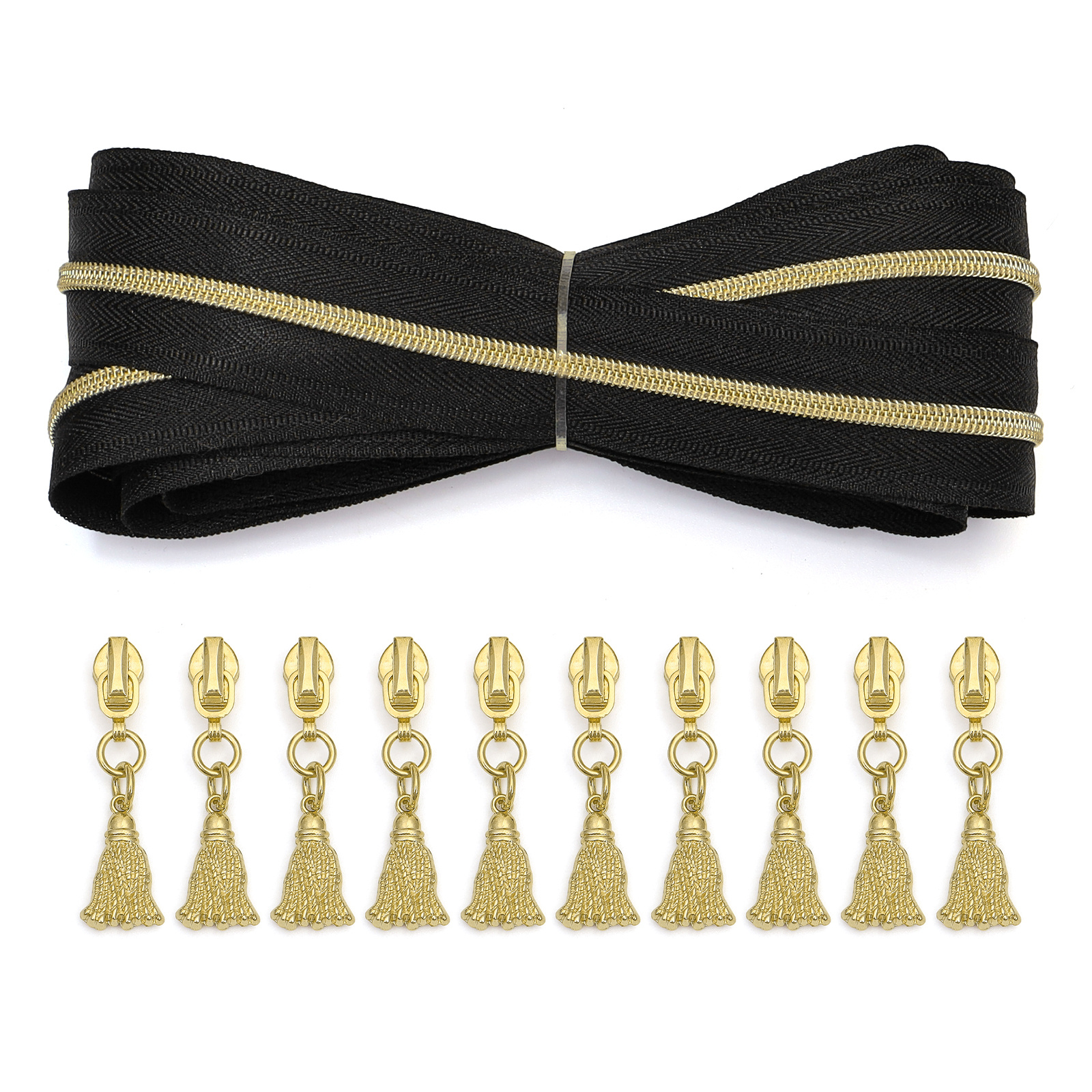TEMU 1 Set = 450cm Zipper + 10 Zipper Pulls, Light Golden-tooth Zipper, Black And White Nylon Zippers Available, Zipper Pulls In Color As The Teeth,
