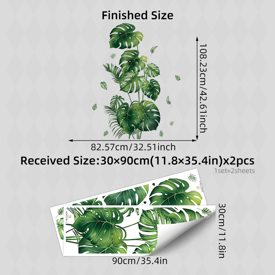 Image of 2 Sheet/set Large Monstera Leaf Wall Stickers, Realistic Plants Decor For Bedroom Living Room Bathroom Decor, Removable Peel And Stick Decals, Jungle Vine Art