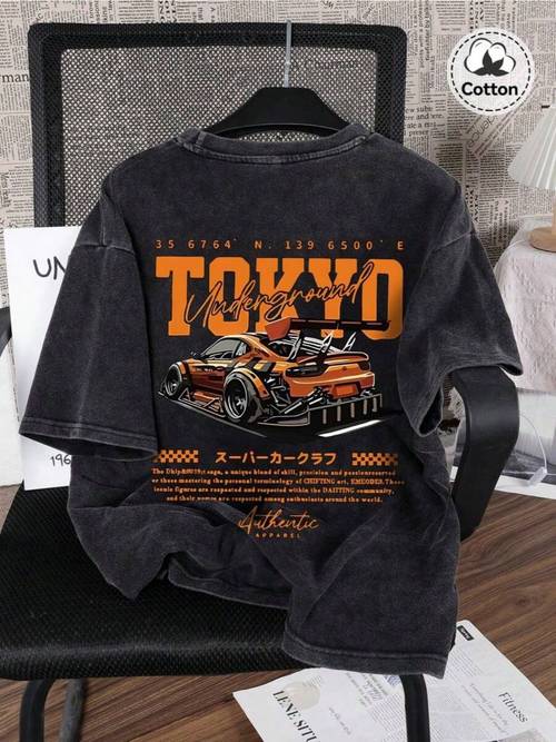 spring and summer racing pattern mens t shirt top micro washed with water to make old breathable black round neck short sleeved t shirt daily t shirt top