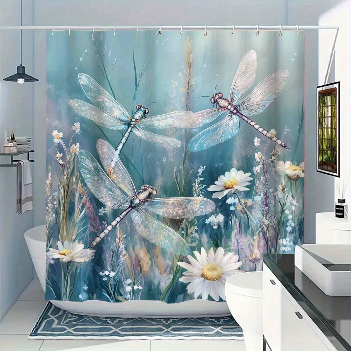 

1pc And Daisy Theme Waterproof Polyester Shower Curtain, Machine Washable, Includes 12 Hooks, Woven Fabric, No Lining, Seasonal For All