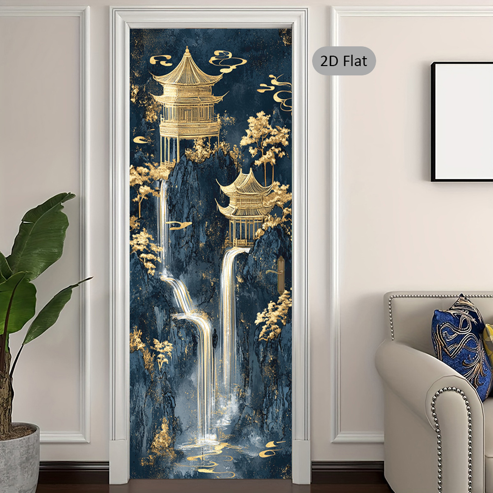 2d plat 1 paar gouden pagodes muurschildering deurstickers,   landschap verwijderbaar zelfklevend deurbehang, oosterse kunst deurstickers decor, stijlvolle deurmuurschildering, moderne deursticker, klassiek ontwerp huisdecoratie stickers, 2d plat