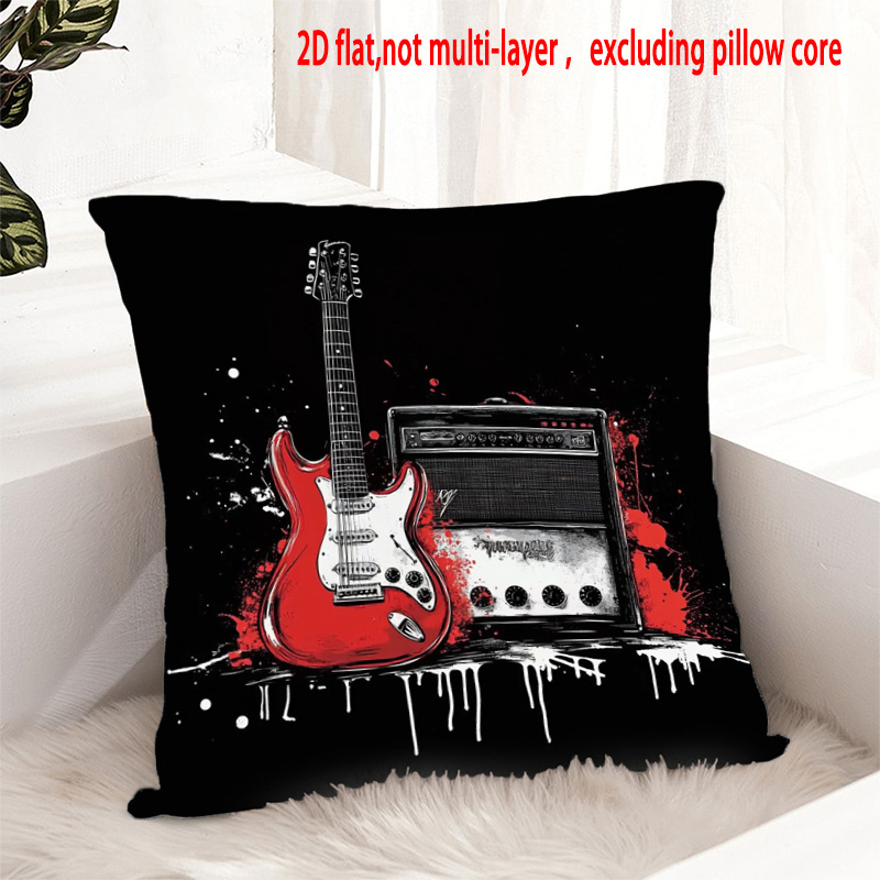 TEMU 1pc Pillow Cover, Electric Guitar Rock Music Theme Cushion Case – Vintage Musical Notes And Rock Instruments Design, Soft Smooth Short Plush