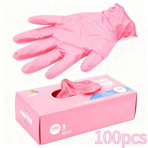 100pcs disposable nitrile gloves pink recommended 4mil powder free free durable suitable for home cleaning bathroom salon hair removal christmas cleaning tools handmade womens gift kitchen with intact packaging