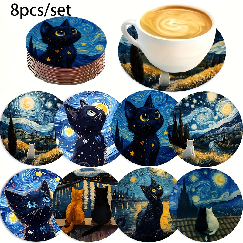 TEMU Set di 8 sottobicchieri Gatto di Van Gogh - Tappetini da bicchiere in legno resistenti al calore adatti per caff癡 e t癡, protezioni per tavolo