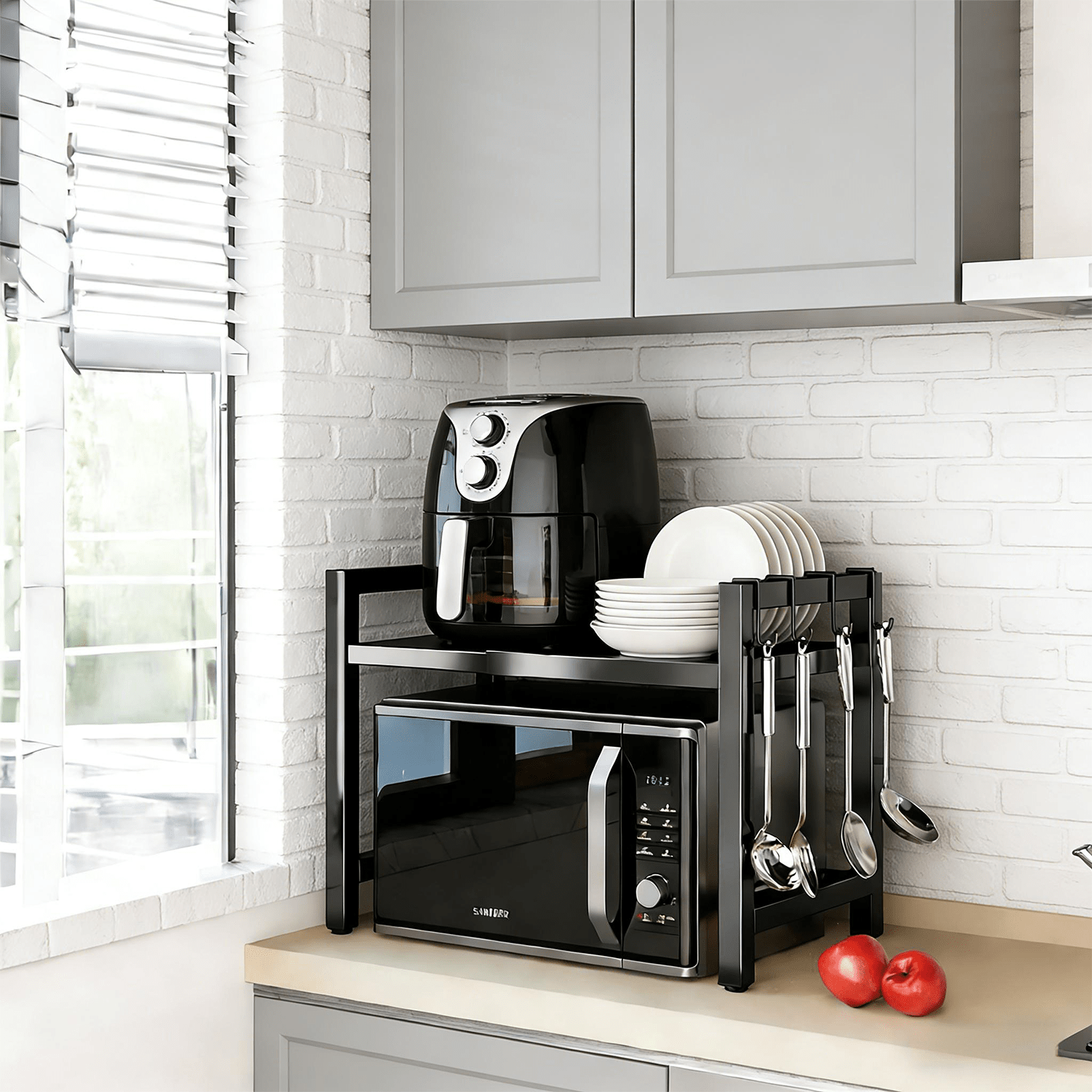 TEMU Expandable Microwave Shelf With 4 Hooks, 1 Cutting Board Rack, Kitchen Shelf Organizer For The Kitchen Microwave, Utility Racks