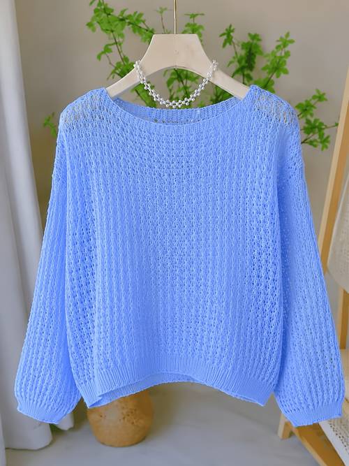 womens lightweight crochet sweater hollow out compatible pullover loose fit breathable layering top with hollow out solid color crewneck sweater suitable for jeans skirts pants autumn winter wardrobe