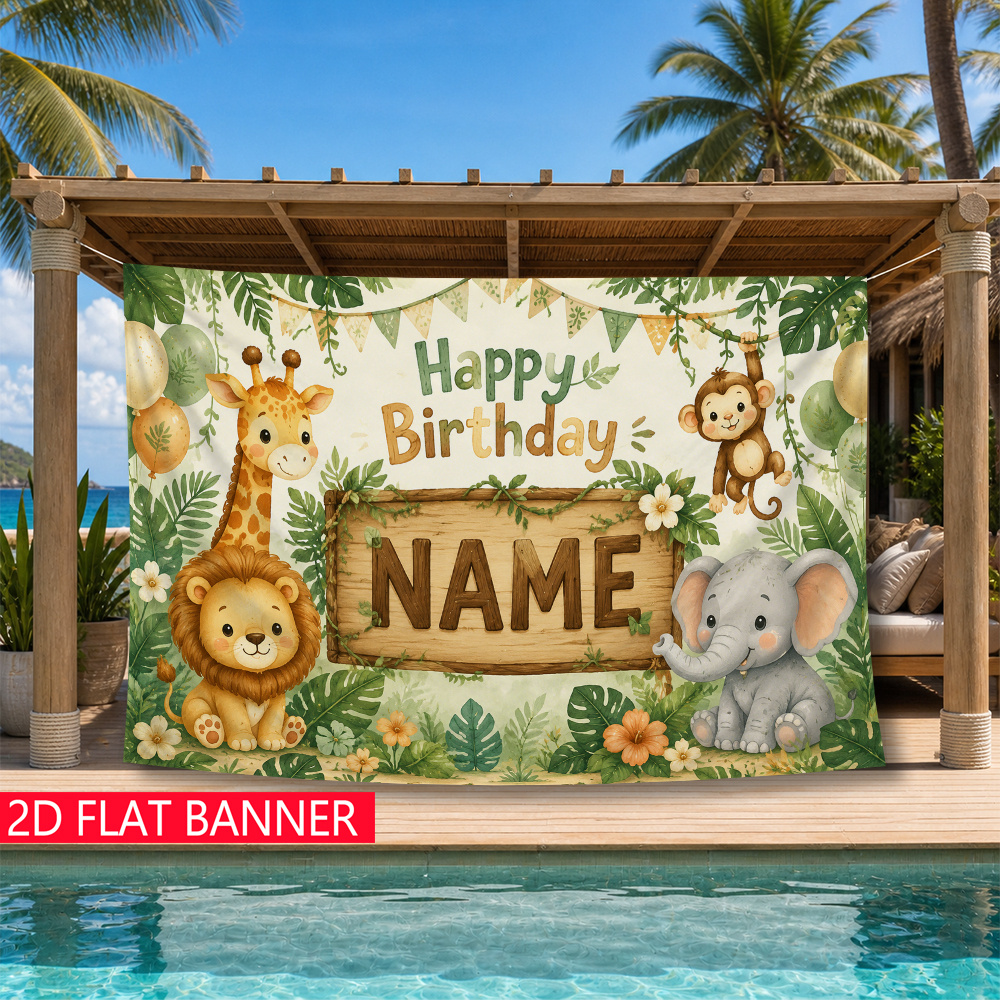 TEMU 2d Flat, 2d Banner, Birthday Backdrop, Cartoon Jungle Animal Birthday Party Scene, Guests, Wishing Growth, Custom Name Included, Quality,