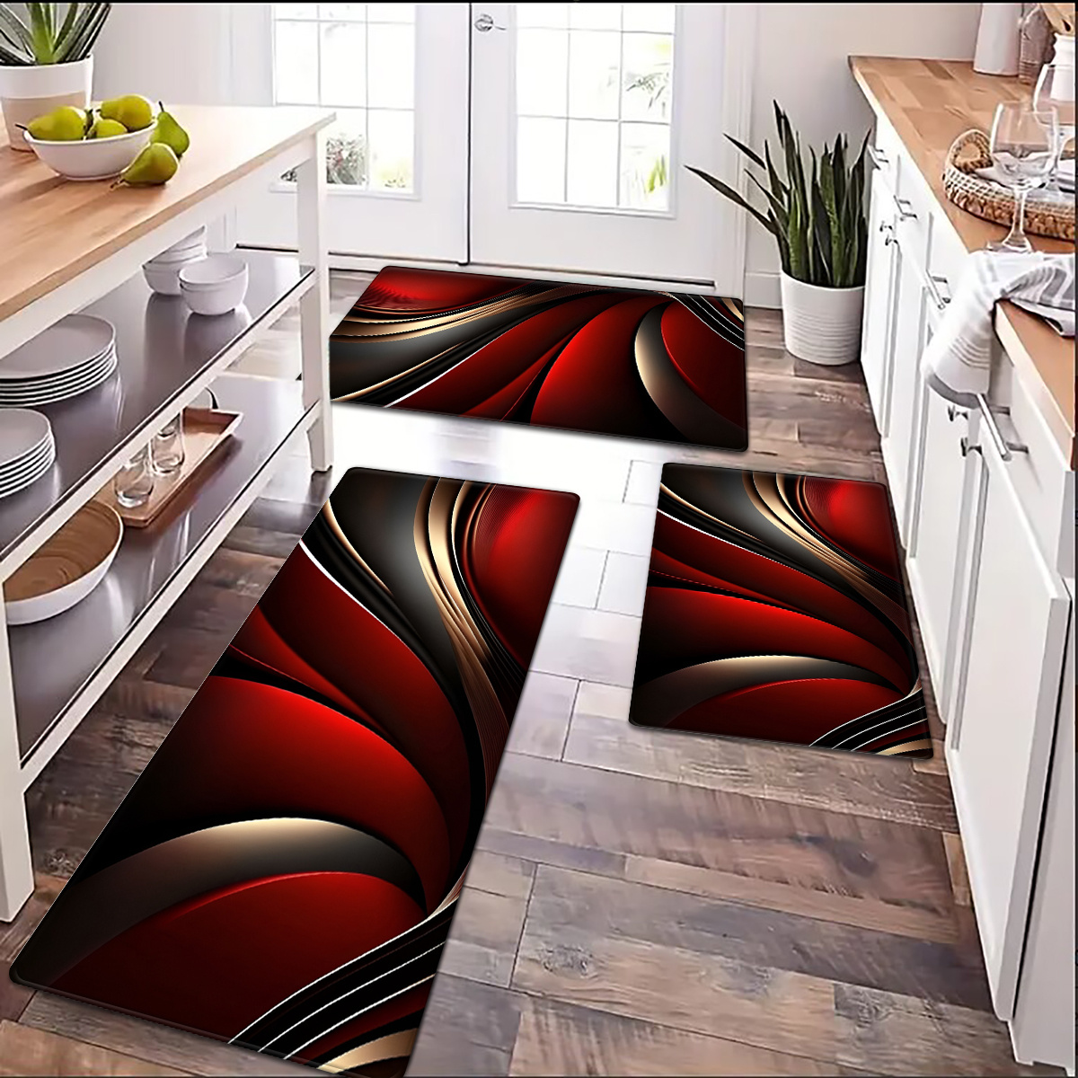 

1pc 3d Visual Red And Golden Flannel Kitchen Mat, Fade Resistant Rectangle Bath Rug With Non-slip Polyester Backing, 580gsm Knit Fabric, 1cm For Laundry Room Decor