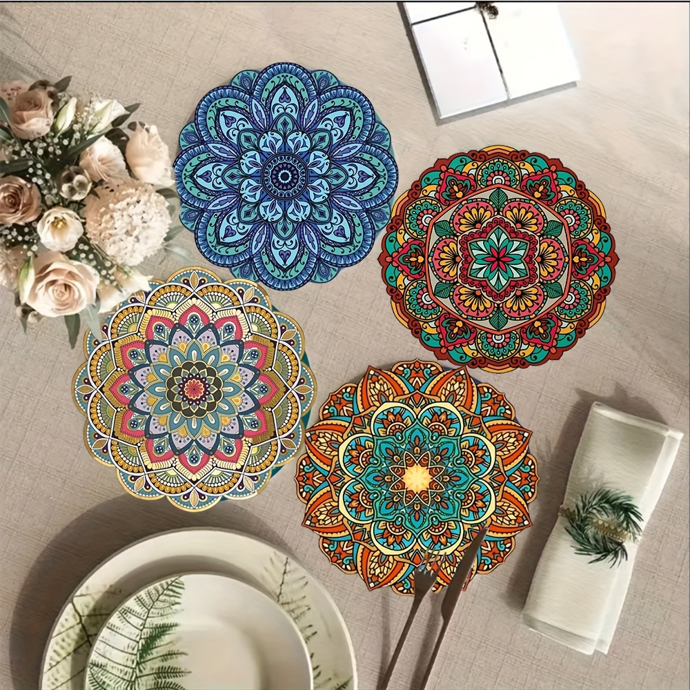 TEMU 4pcs Mandala Themed Pattern Wooden Round Placemats - Decorative Wooden Table Mats With Flat Printed Patterns, Table Decor For Kitchen And Dining