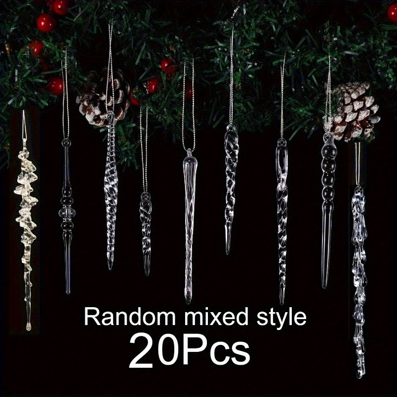 TEMU 2d Flat, 20pcs Random Mixed Style Acrylic Icicle Ornaments Electricity-free Frosted Hanging Decor For Christmas New Year Holiday Party