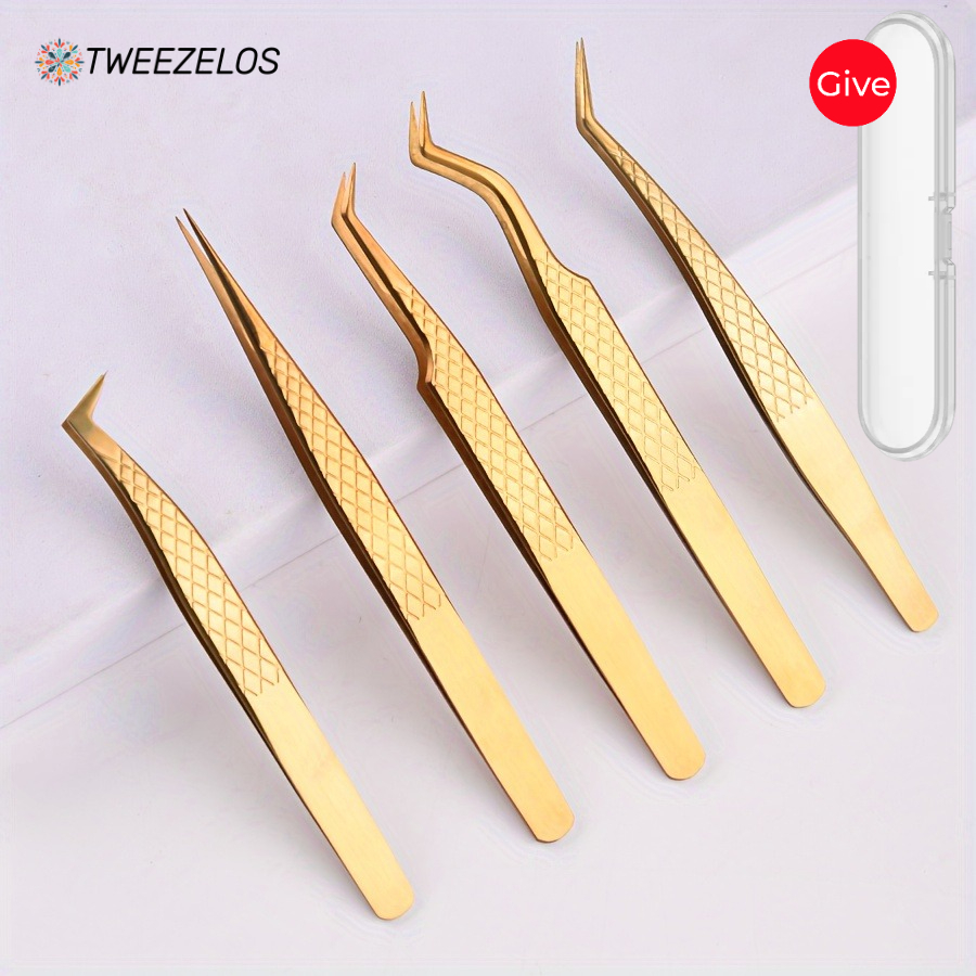TEMU 5pcs Stainless Steel Eyelash Tweezers With Storage Case, High-precision Eyelash Extension Tool Set, False Eyelash Tweezer Kit For Beginners,