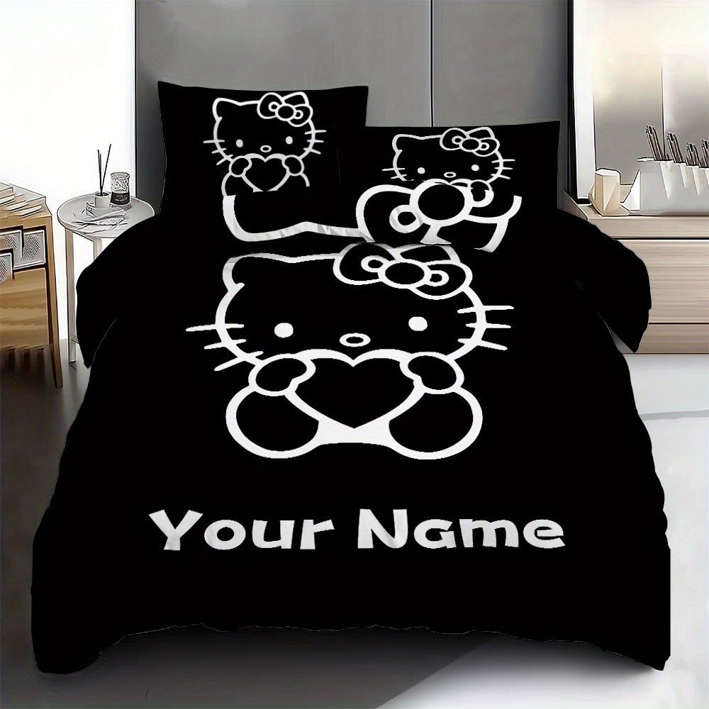 

3pcs Sanrio Hello Kitty Customizable Bedding Set - In Black, Soft Polyester Duvet Cover & 2 Pillowcases, , Machine Washable, Ideal For ' Rooms & Guest Bedrooms