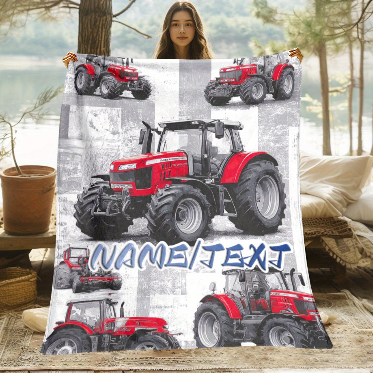 TEMU 1pc Personalized Farm-themed Blanket - Custom Name/text, Red Tractors On Gray Background - Soft Lightweight Flannel Throw For Home, Camping,