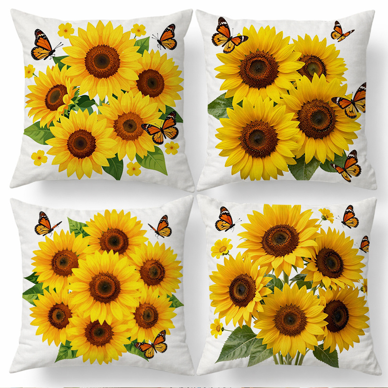 TEMU 4pcs Floral Style Home And Kitchen Supplies, Bedding, Home Decor With Yellow Sunflower And Pattern Printed Cushion Covers, Suitable For Spring,