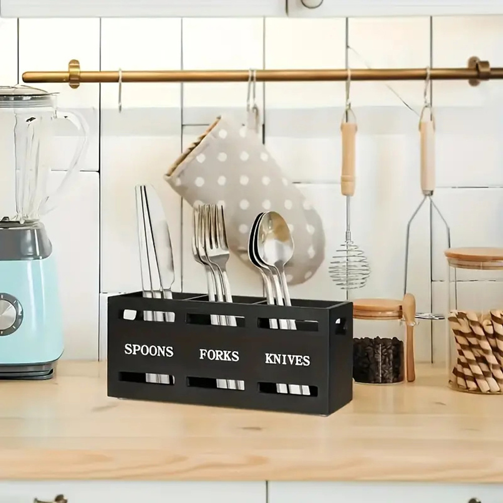 3-compartment Wood Utensil Caddy With Shelf-mountable Small Square Base - Multipurpose Cutlery Holder Suitable For Forks, Spoons, Knives, Table, Dining Table, Office, - Flatware Storage