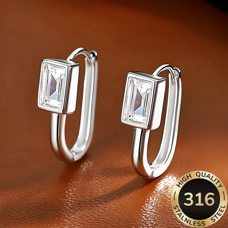 TEMU 1 Pair High-quality Steel Hypoallergenic Light Luxury Elegant Temperament U-shaped Geometric Square Synthetic Zirconia Design Women's Earrings
