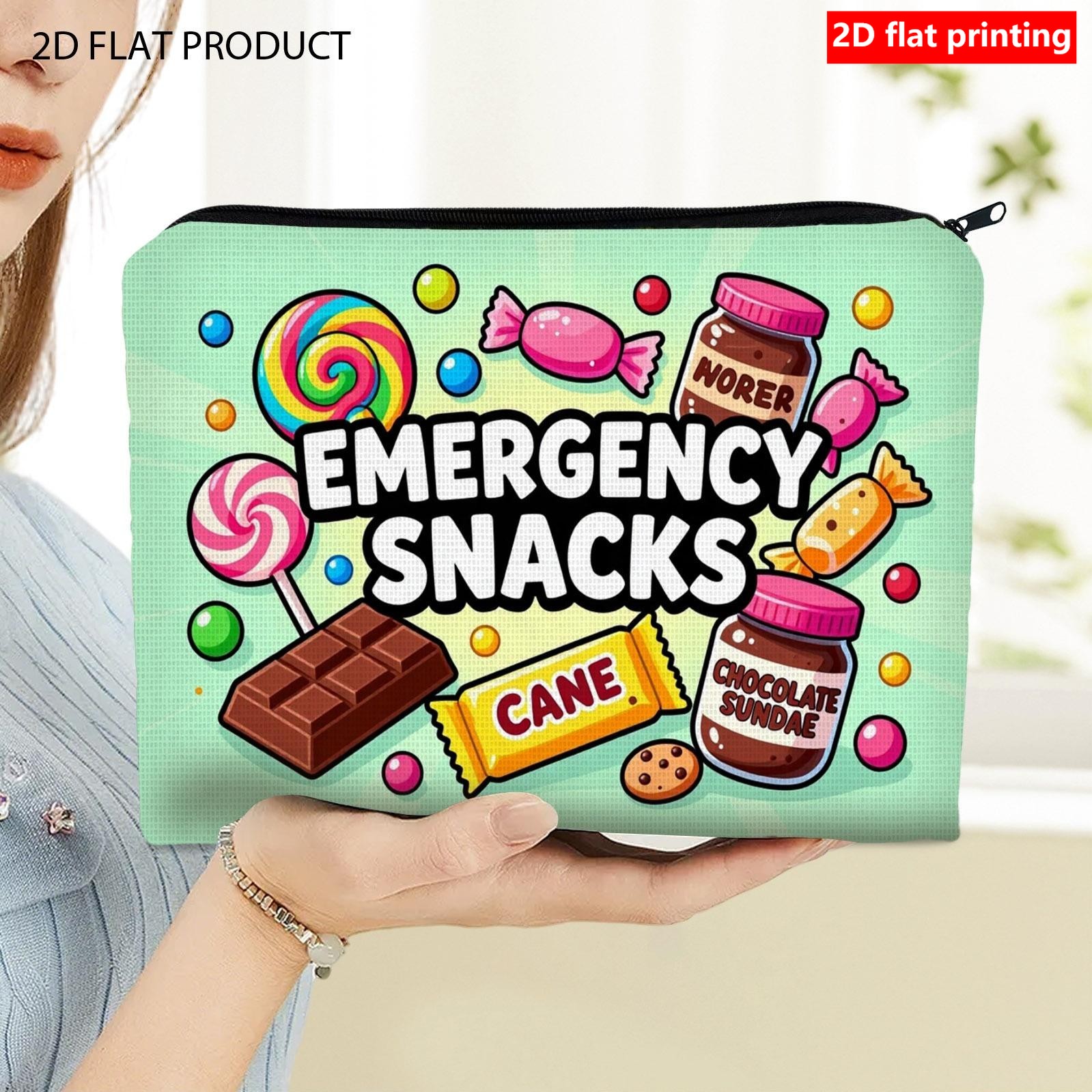 TEMU Trousse de maquillage 1 pièce "Collation d'urgence" bonbon, imprimée à plat 2D - Convient pour et les articles de toilette, boîte de rangement à