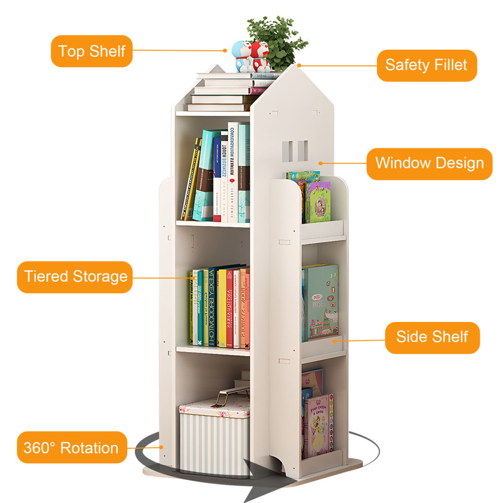 4-Tier Rotating Bookshelf, 360° Display Book Shelf, Floor Standing Bookcase, Children's Bookshelves for Bedroom, Living Room, Study Room ( WHITE Color)