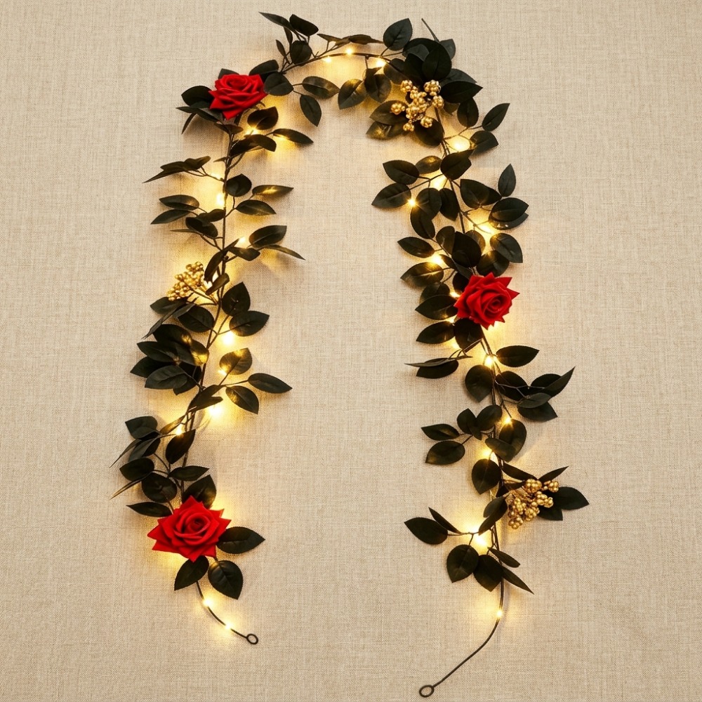 TEMU Lot de 1 Lierre Artificiel de Roses Rouges et : 3 Grandes Roses Rouges, 3 Bouquets de Dorées, 120 Feuilles de de Jais + Guirlande Lumineuse à 30