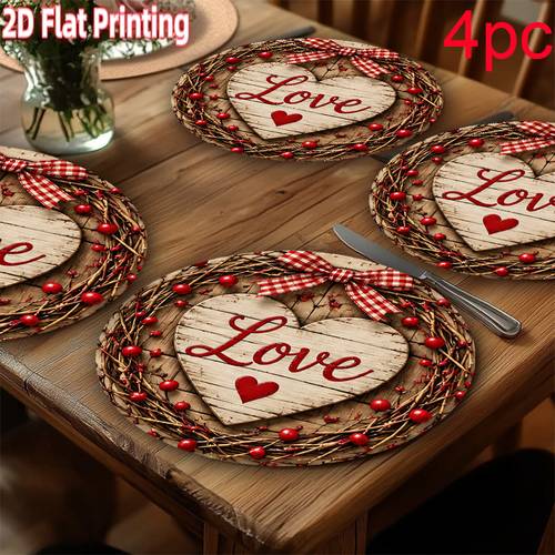 item picture 4pcs red rustic heart wreath placemats suitable for wedding picnic christmas table setting round heat resistant anti slip table protectors hand washable durable tableware for home dining suitable for wedding picnic 2d flat