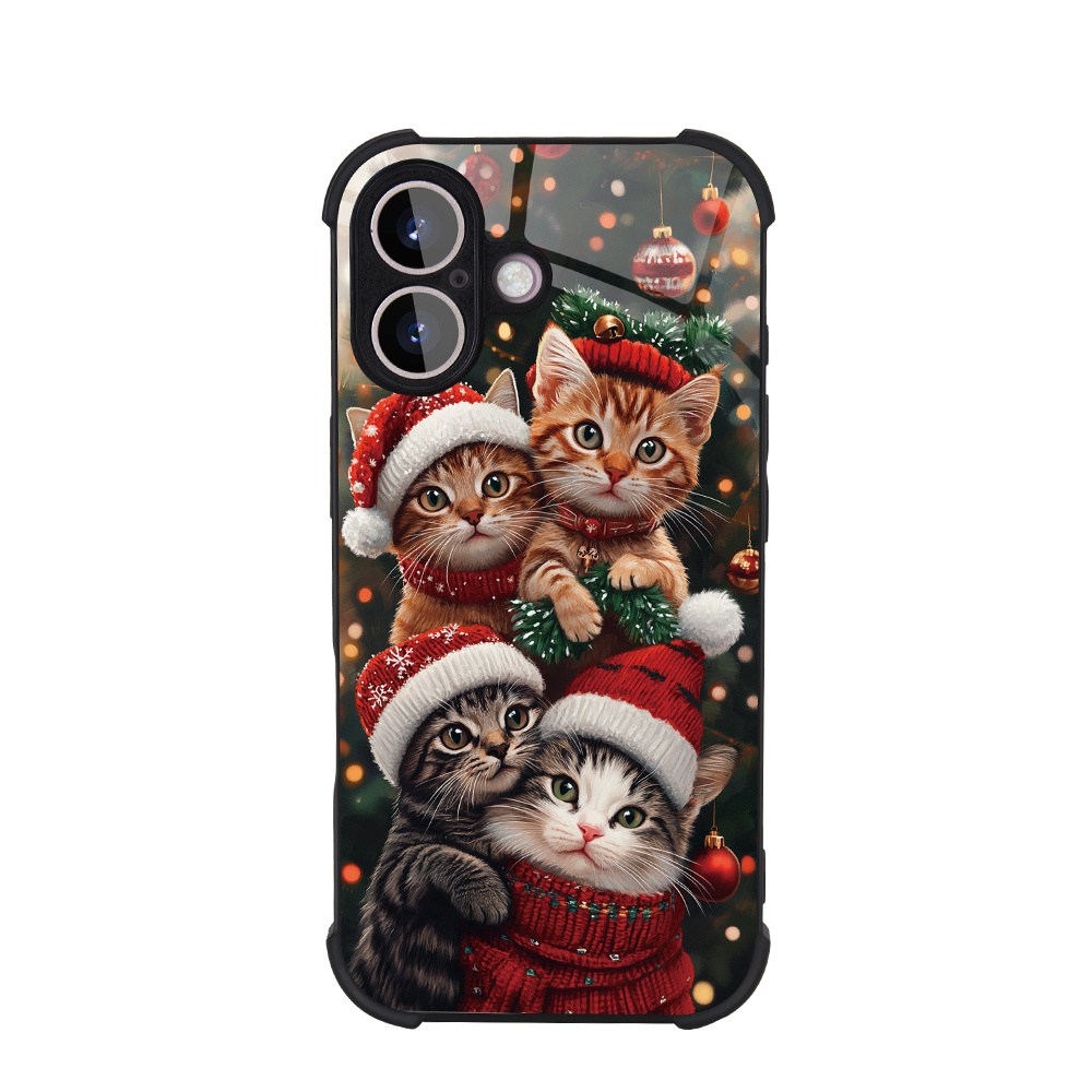 TEMU Phone Case: Popular Uv Printed Christmas Cat With Red Hat And Pattern, , Four-corner Drop Protection, Black, Soft + Tempered Glass Dual-layer