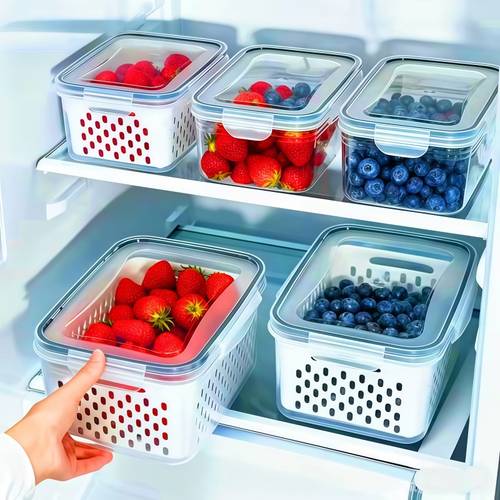 4pcs set large capacity fruit storage containers with removable drain colander airtight for fridge dishwasher safe extend freshness for berries fruits vegetables