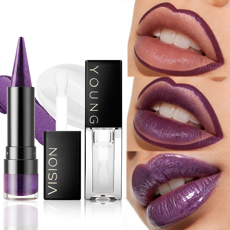 2 komada Metalik Sjajni Ljubičasti Set za Usne: Olovka za Usne, Ulje za Usne, Ruž za Usne za Žene, Dugotrajan, Lako se Nanosi, Vodootporan i Otporan na Znoj, Ne Blijedi Lako, Idealno za Svakodnevnu Upotrebu i Zabave
