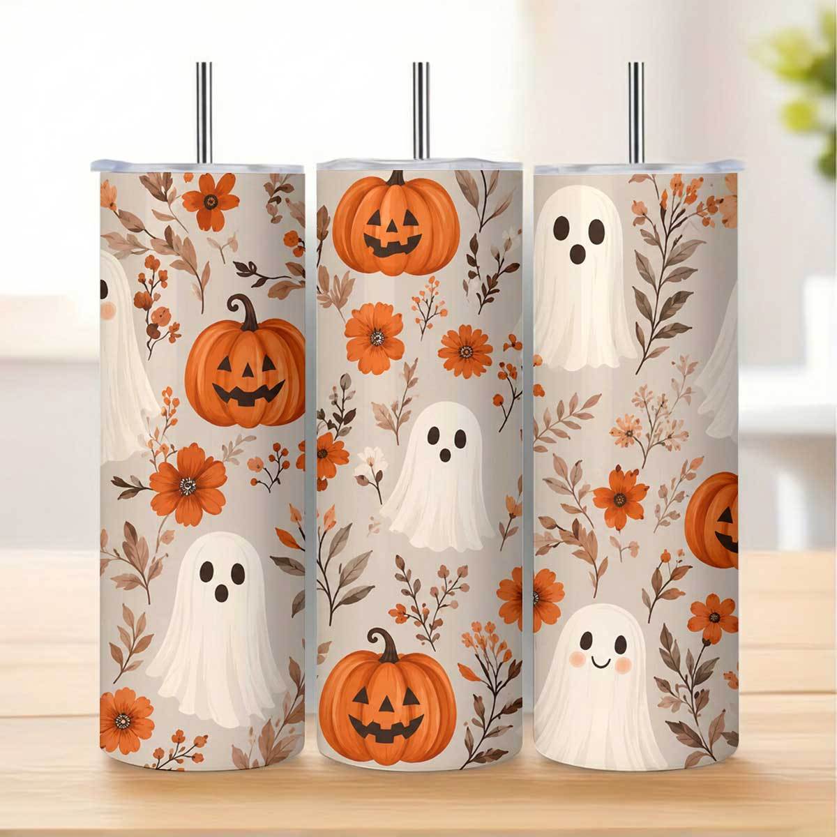 TEMU 1pc 20oz Cute Halloween Pumpkin Floral Pattern Stainless Steel Insulated Tumbler Travel Mug With Lid Cup Daily Use Leakproof And Bpa Free Keep