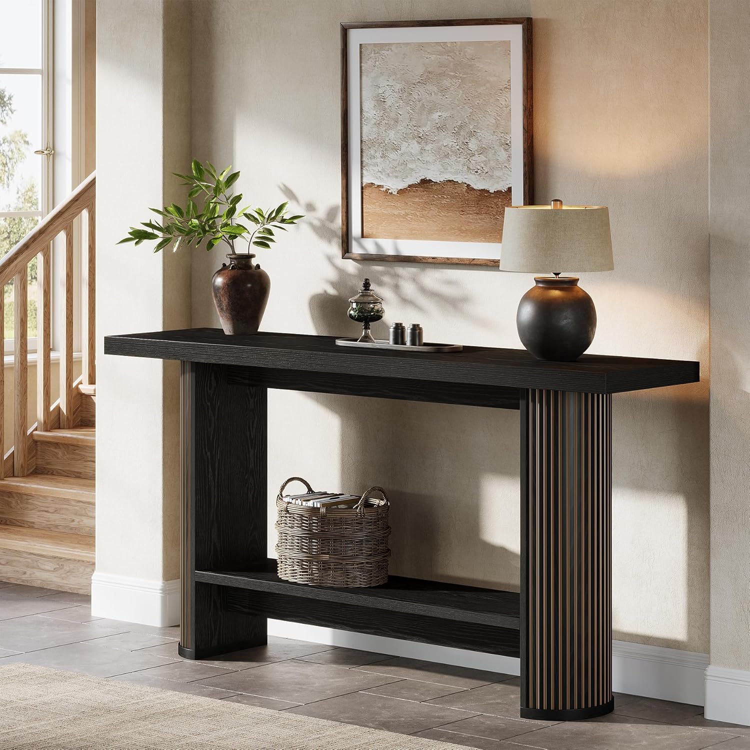 Image of Modern Console Table, Narrow Hallway Table/sofa Side Table With 2 Shelves, 140 X 30 X 80 Cm, Wooden Console Table For Behind The The Living Room, Hallway, Or Entryway, Black