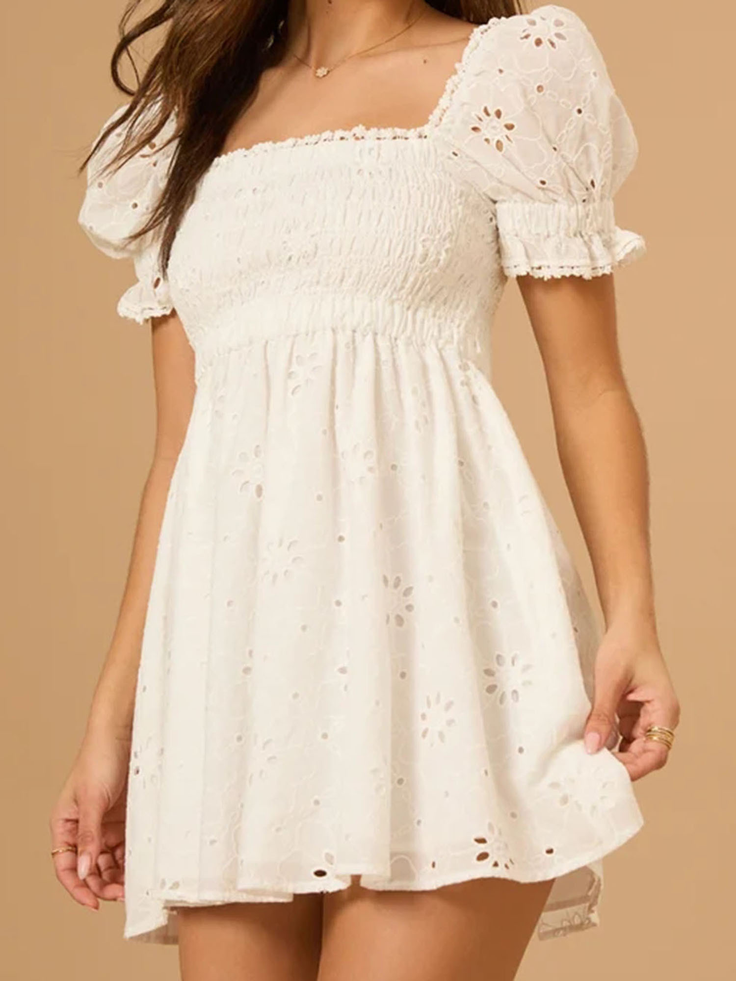 women's chic white a-line mini dress with sleeves, square neck & layered  hem - casual spring/summer polyester dress for adults - women's clothing