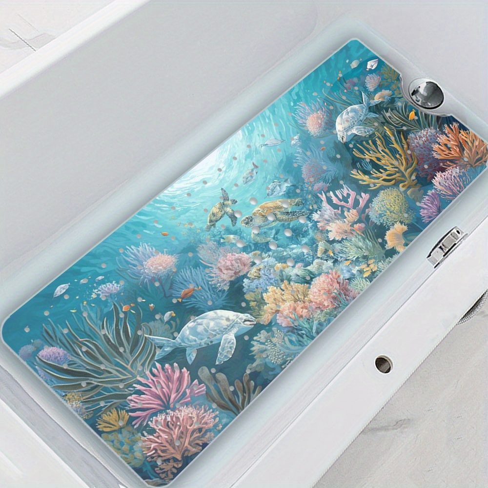 Image of And Adult's Bathtub Mat Featuring A Colorful Underwater Scene With Sea Turtles And Coral , Designed To Be Non-slip For Family Bathrooms