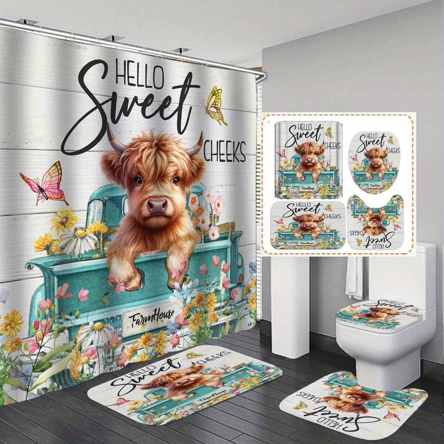 4pcs Fun Highland Cow Shower Curtain Set With Rug, Shower Curtain, Blue Truck Animal Colorful Floral Western Country Farmhouse Bathroom Decor-