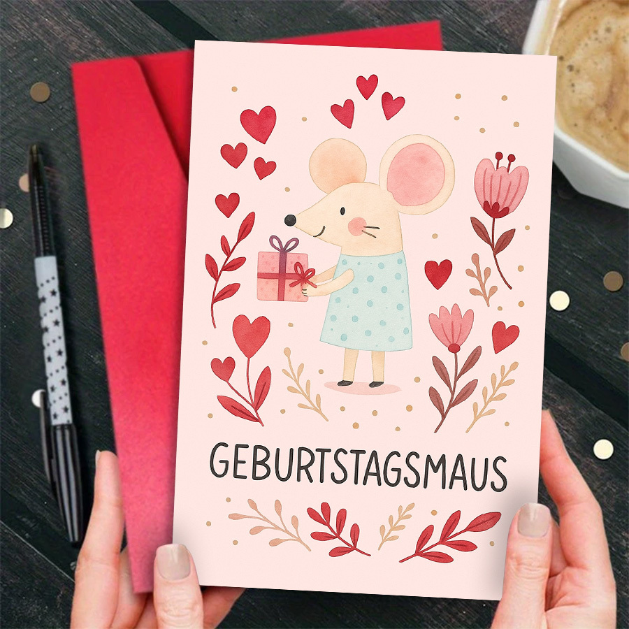 E-shop 1 Stück Niedliche Maus Geburtstagskarte mit Herzen Geschenkdesign – für Freunde, Familie Liebste – Feiern Sie besondere Geburtstage mit süßen