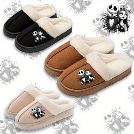 nightmare before christmas jack and slippers official slip on shoes soft plush indoor house shoes for women men halloween christmas gifts black birthday present for fans official christmas shoes festive themed design cozy fabric interior best for christmas