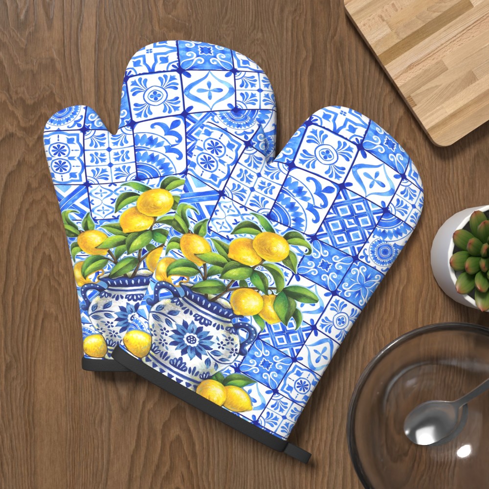 Image of 2pcs 10.6*6.7in Lemon Pattern Oven Mitts Non Slip Heat Resistant Fresh Hues Determinedly Baking Gift For Daily Kitchen Oven Microwave Kitchen Decor Cooking Baking Camping Cu