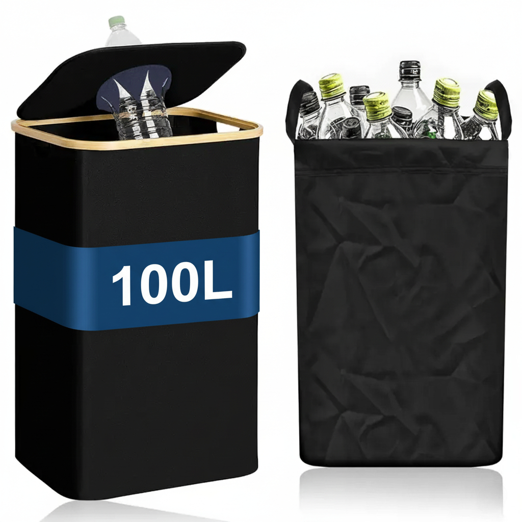 100l Bottle Collection Container With Lid, Black, Bottles & Glass Storage With Hole, Including Xxl Carry Bags, Foldable Trash Bin For Kitchen And Storage Room
