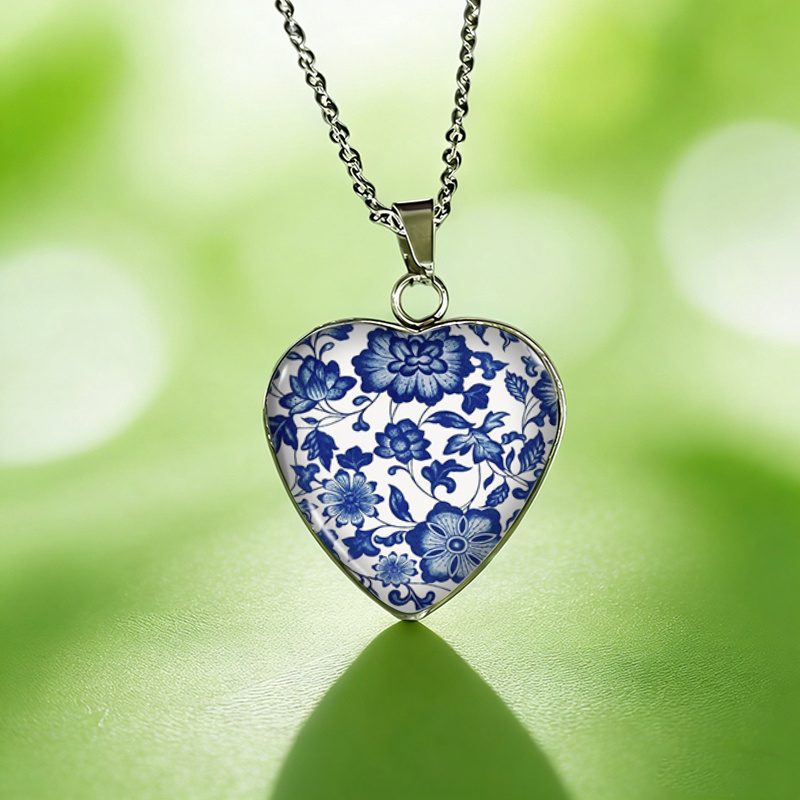TEMU Blue And White Porcelain Flowers Fashion Illustration Heart-shaped Necklace Glass Jewelry Additions