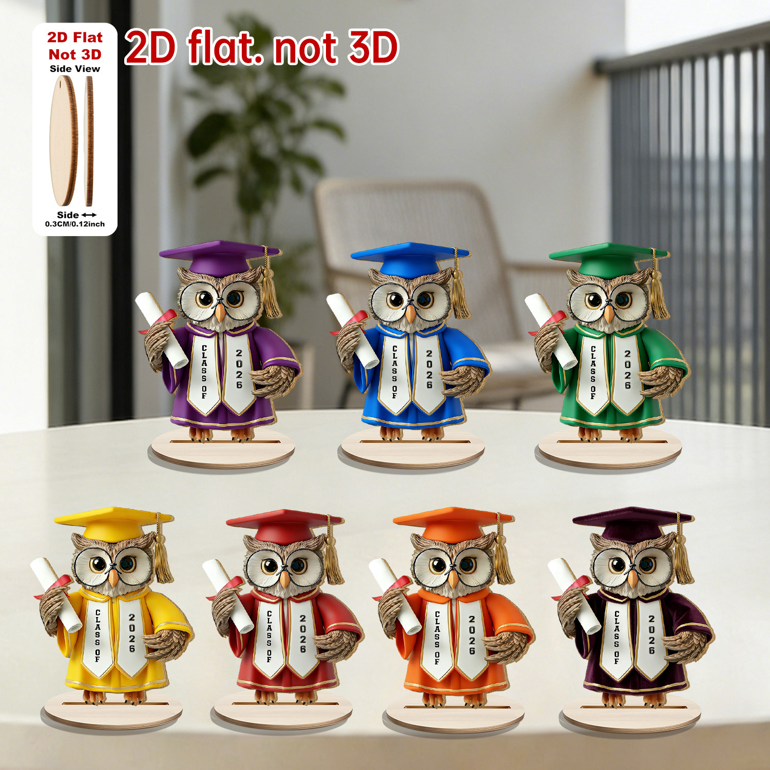 TEMU 2D Flat - 7 pezzi di simpatici cartelli in legno da appendere, con cappello da laurea e gufo, per la decorazione della scrivania. Ideali per
