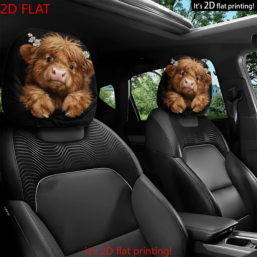 TEMU 2pcs 2d Flat Cute Highland Cow Print Headrest Covers, Suitable For Your Car, Featuring A Convenient . Add A Touch Of To Your Interior And Are
