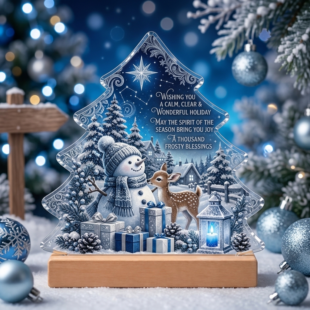 TEMU Christmas Tree Shaped Acrylic Table Stand With Wooden Base, Snowman Deer Snowy Scenery English Blessing Slogan Desktop Decoration Ornament,