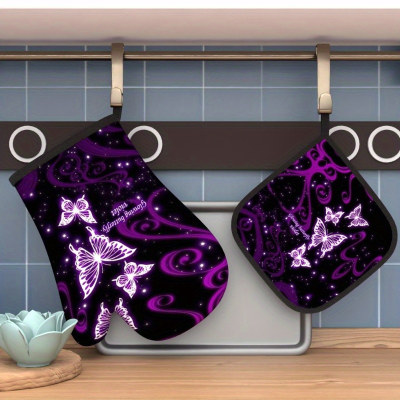 

2pcs Purple Butterfly Polyester Oven Mitts And Potholders Set, Heat Resistant Kitchen Towels For Grilling, Cooking, Baking, Machine Washable, Woven Housewarming Gift