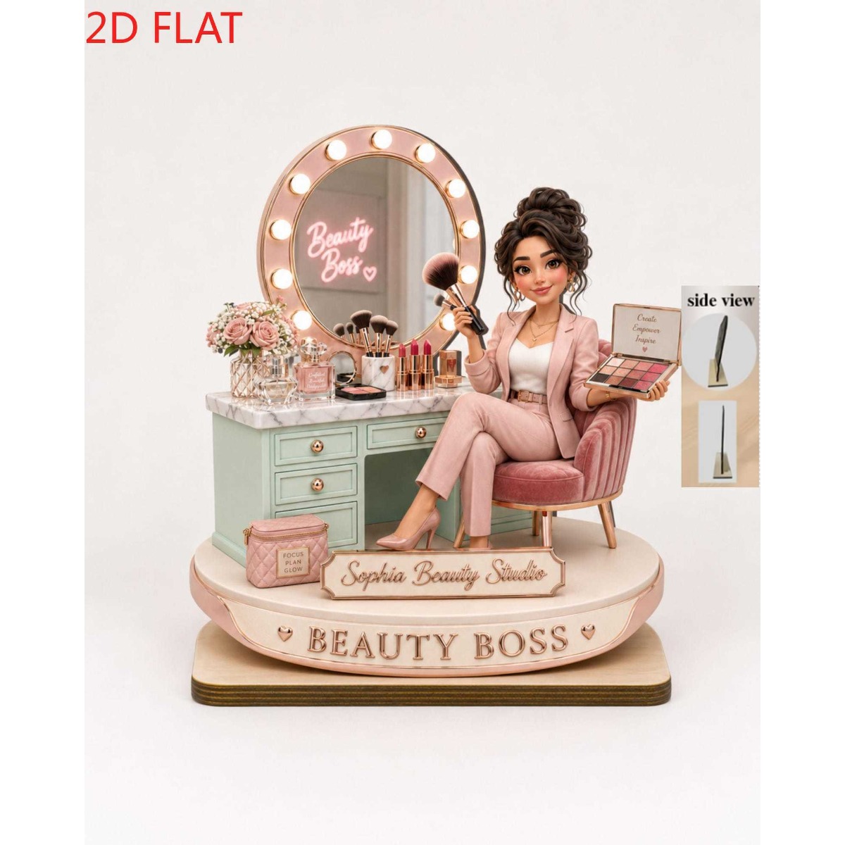 TEMU 2d Flat 1pc Customizable Beauty Wooden Tabletop Ornament With Base Makeup Lady Floral Cosmetic Print Plaque Personalized Name Sign For Salon