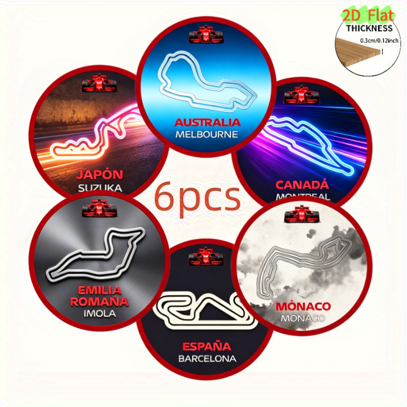 TEMU 2d Flat, 6pcs Set, 6 Different Styles Of Formula Racing-themed Wooden Coasters. For Racing Enthusiasts. Housewarming Gift, Racing-style Round