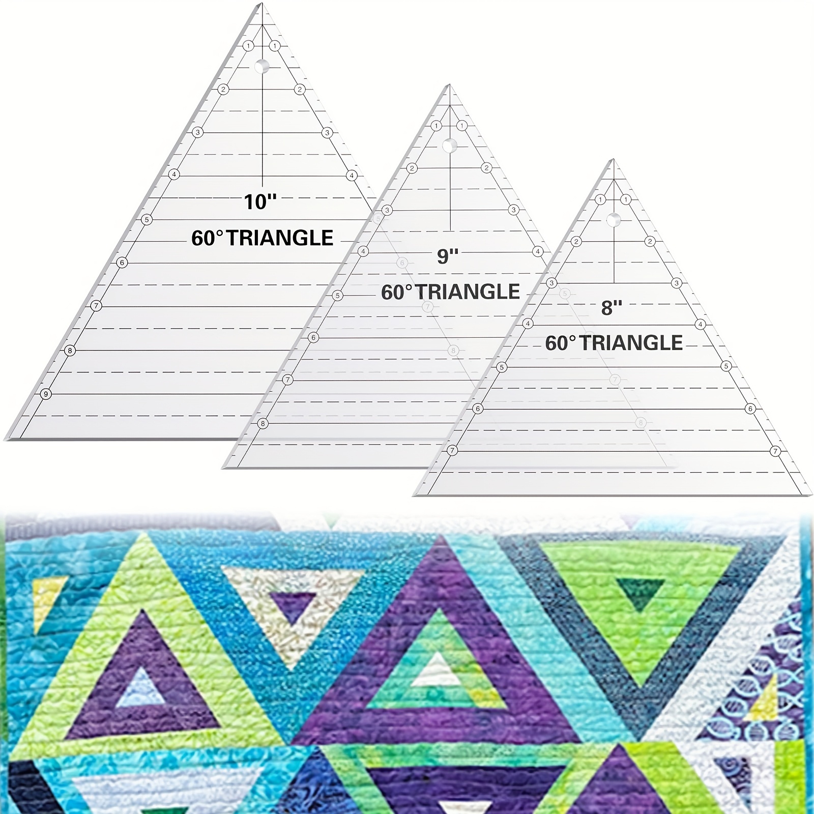 TEMU 3-pack 60-degree Triangle Rulers For Quilting And Sewing | 8/9/10 Inch Acrylic Templates With Colorful Geometric Patterns, Craft Supplies, Vivid