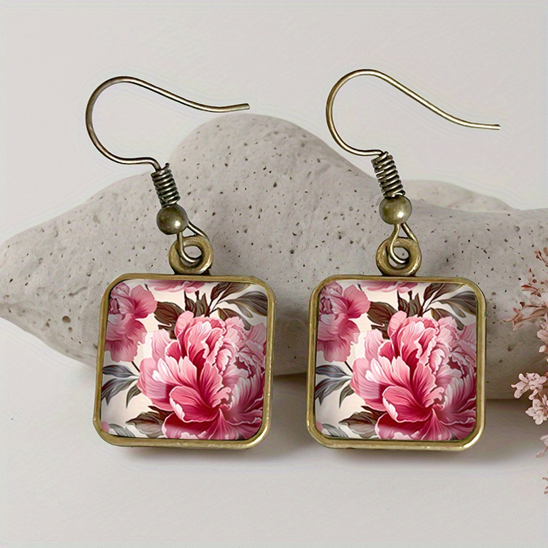 TEMU 1 Paire de Boucles d'Oreilles Carrées Rétro en Verre avec Fleur de Rose, Bijoux à , Cadeau