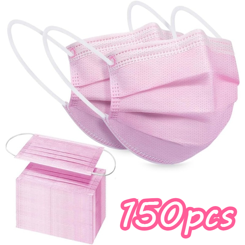 150pcs Disposable Masks, 3 Layers, Disposable Masks, Pink Women's Masks.