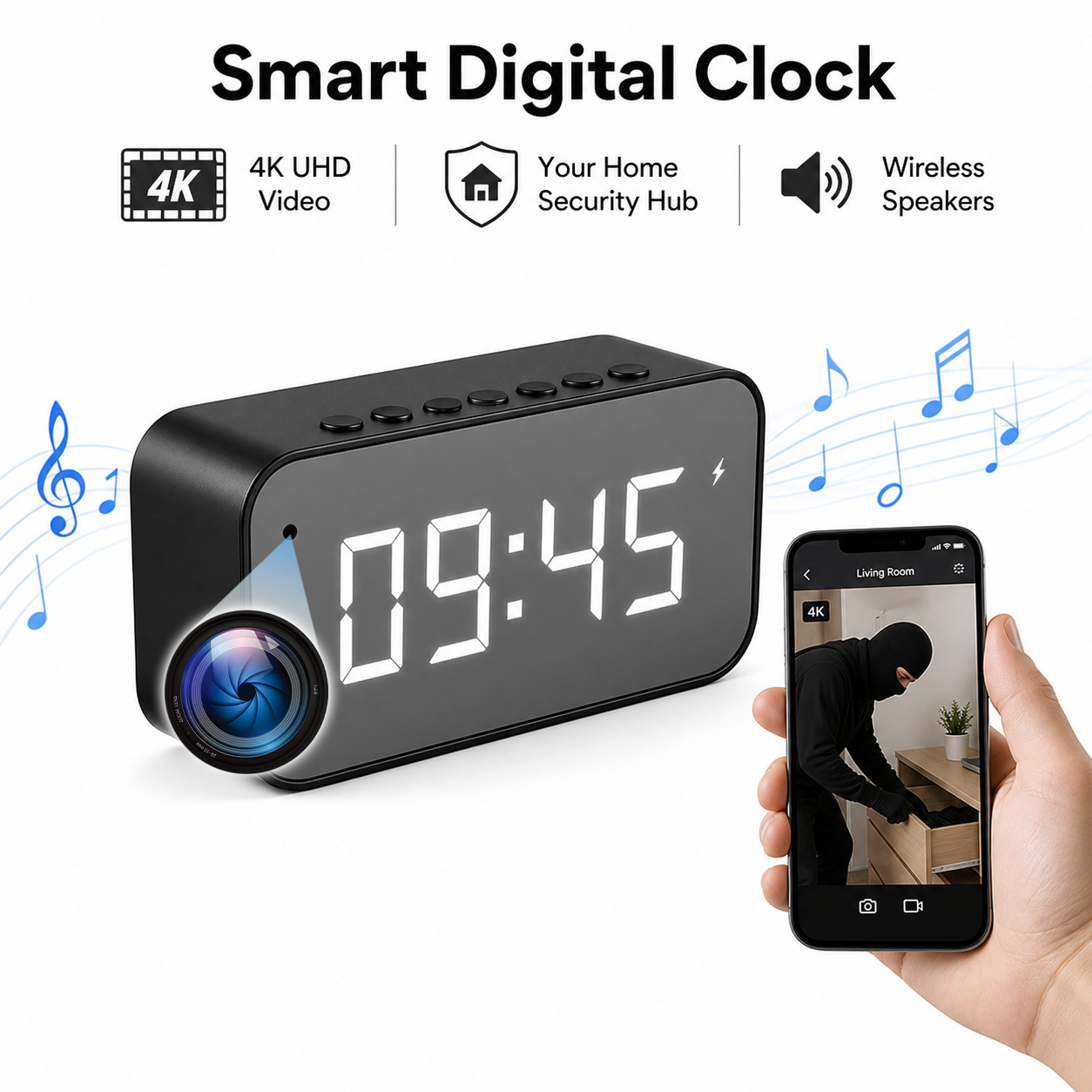 4-in-1 Digital Clock Wireless Speaker: Wireless Speaker And Clock With Camera, High-fidelity Wireless Audio, 4k Ultra Hd Resolution, Local Storage, Detection, Ideal For And Everyday Use